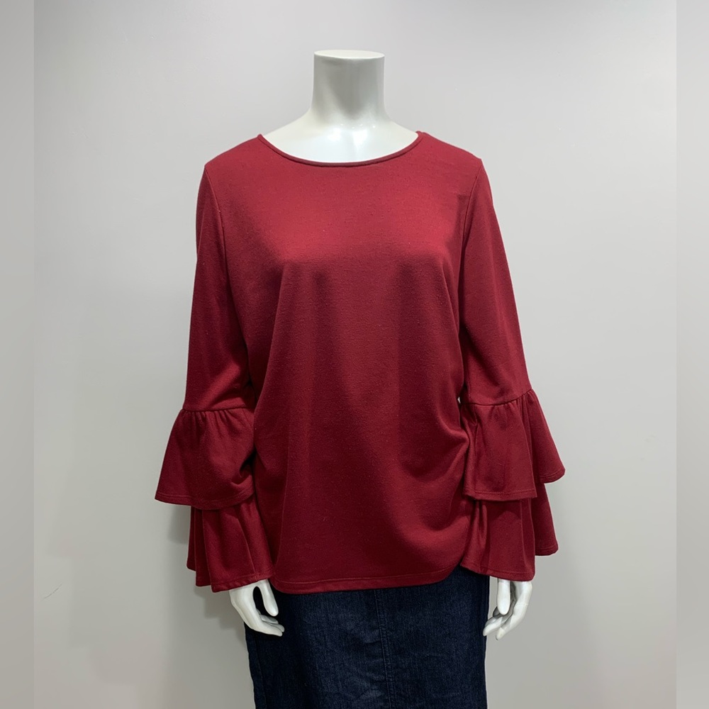 Pleione Size M Red Crew Neck Top with Ruffle Sleeves